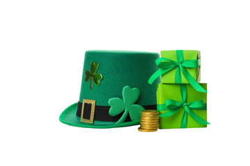 Naklejka premium Leprechaun hat, shamrocks, green boxes, gold coins, isolated, PNG