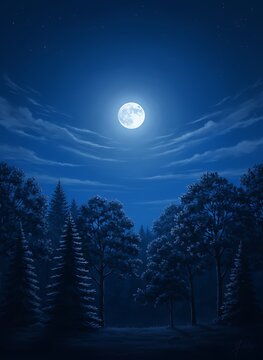 Full moon over a dark forest with tall trees and a starry night