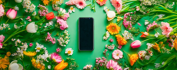 Mobile phone isolated on green surrounded by flowers. Spring concept