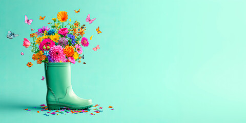 Rain boots filled with flowers isolated on blue