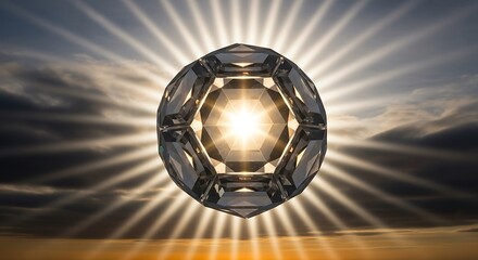 Naklejka premium A large geometric crystal levitates against a radiant sunburst in a dramatic sky