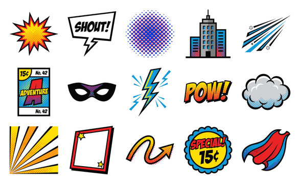 Retro Pop Art Comic Book Elements Graphic Asset Sheet for Superhero Narrative Storytelling