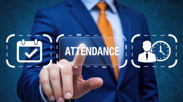 Professional businessman interacting with a virtual attendance system for modern time and schedule management
