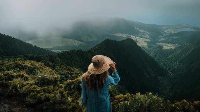 Woman traveler holding hat and looking at mountain and forest landscape, atmospheric azores portugal viewpoint near ponta delgada sao miguel, wanderlust travel concept with copy space