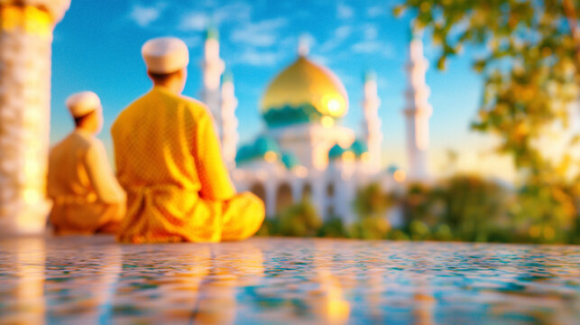 Two people admire the golden domed sultan omar ali saifuddien mosque. Ideal for travel brochures, cultural websites, or educational presentations.