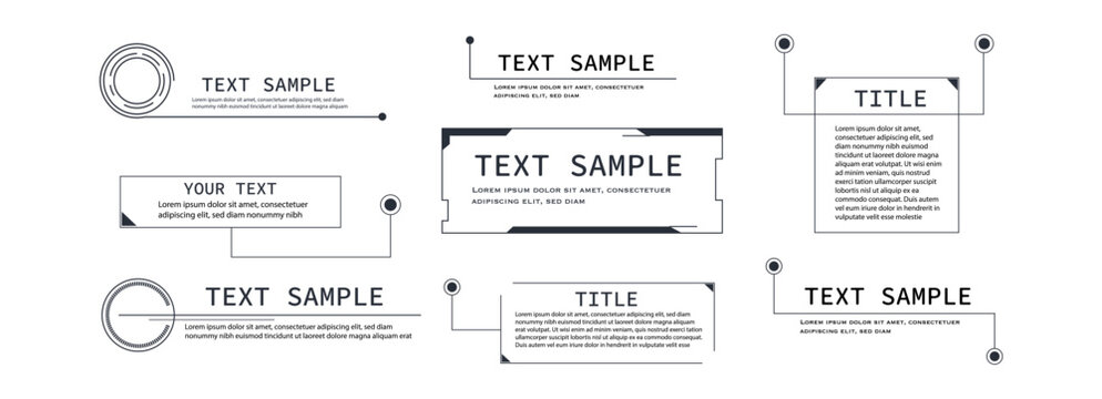 Title text box, callout frame set. Hud line border. Titles banner, futuristic callouts template. pop-up or description boxes, speech bubbles.