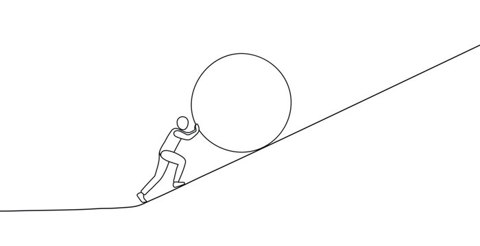 Line art of person pushing heavy rock uphill representing hard work and sisyphus challenge