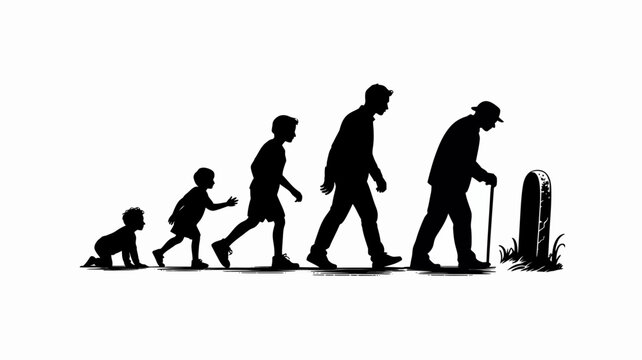 The Cycle of Life: Silhouette stages of a person's life, from infancy to old age, walking toward a tombstone. A poignant reminder of life's journey, from birth to the inevitable end.