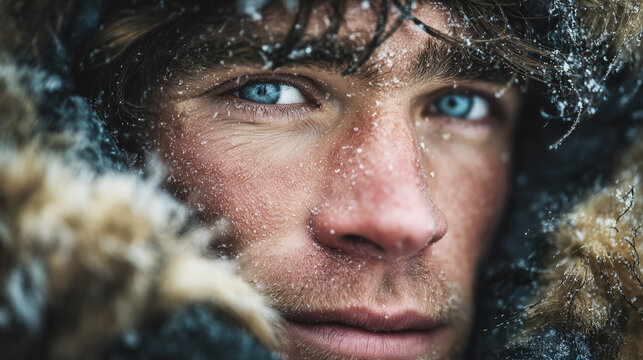 A portrait of an explorer with blue eyes and snow on their face, wearing warm winter against the cold arctic environment.