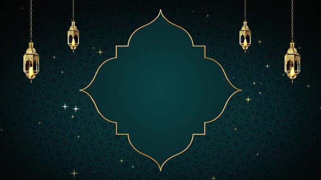 Elegant gold lanterns hanging on dark teal background with starry night sky and intricate islamic geometric patterns