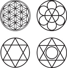 Naklejka premium Black and white geometric shapes of sacred geometry circles triangles lines