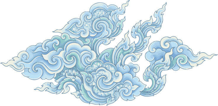 Traditional Thai art cloud pattern vector, blue sky ornament design, Asian culture style, isolated on white background