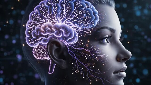 Futuristic Digital Illustration of Human Head with Glowing Brain Network Symbolizing Artificial Intelligence, Neural Connections, and Technological Advancements in Serene and Focused Expression video