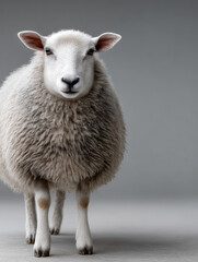 Fototapeta premium Adorable fluffy sheep standing in studio with gray backdrop