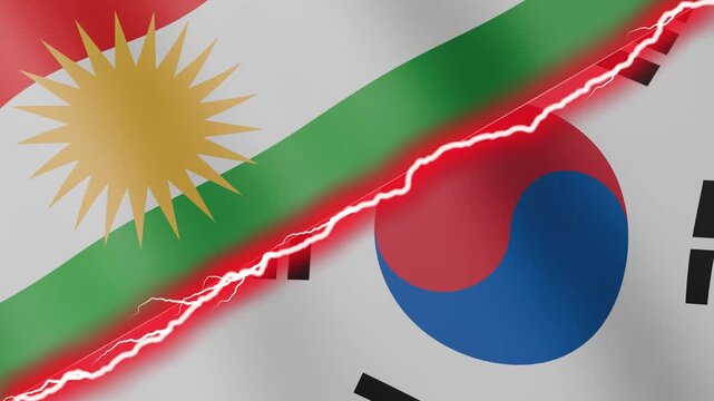 Two waving flags Kurdistan and South Korea with diagonal lightning seamless, 4k loop