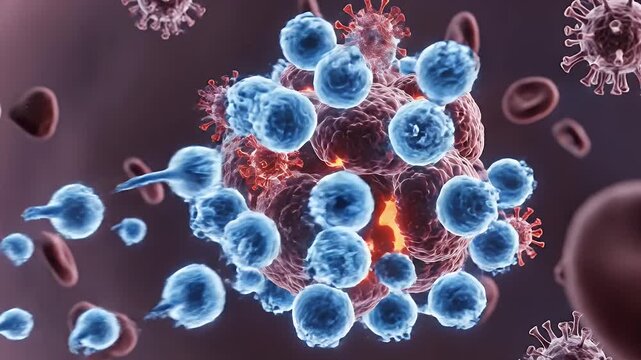 Animation Of Memory T Cells Moving Near Red Blood Cells And Viruses For Science And Research Purposes