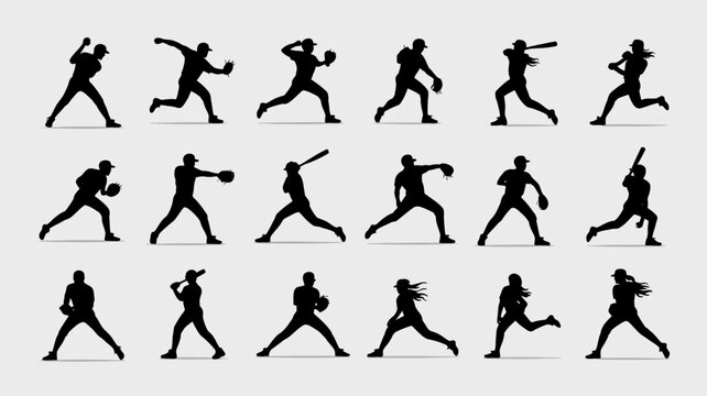Dynamic Baseball Silhouette: A series of dynamic silhouettes capturing various action poses of baseball players, perfect for illustrating the sport's energy and form.