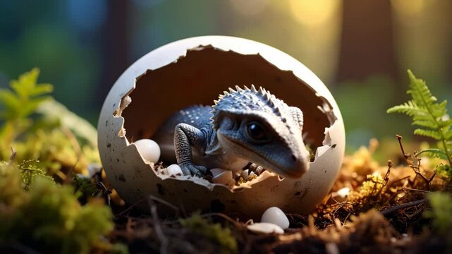 Baby dinosaur emerging from cracked egg in forest floor setting with soft light