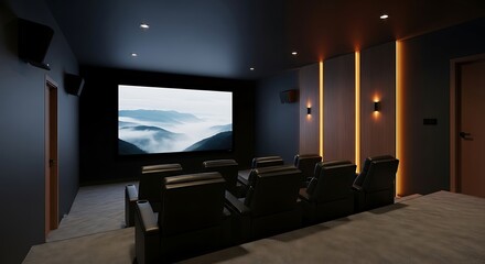 Fototapeta premium A modern home theater with a large screen, comfortable seating, and ambient lighting