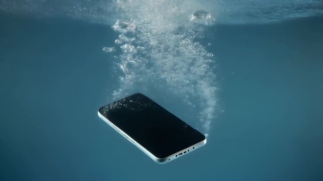 Black Smartphone Plunging Into Blue Water With Air Bubbles In Motion