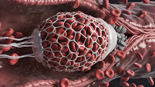 Blood Clot Formation inside a Vessel with Red Blood Cells and Platelets Medical Visualization in Slow Motion