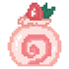 Fototapeta premium Pink strawberry swiss roll cake pixel art icon dessert sweet food