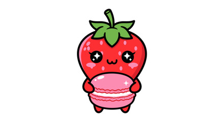 Cute strawberry holding macaroon sweet character.