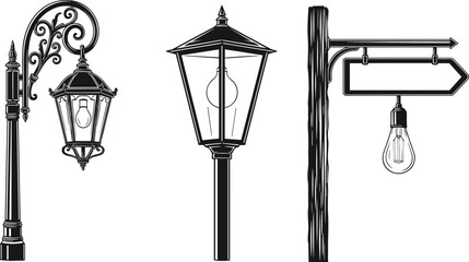 Vintage street lamp and signpost illustration set, classic outdoor lighting elements, black and white hand drawn vector design © Md