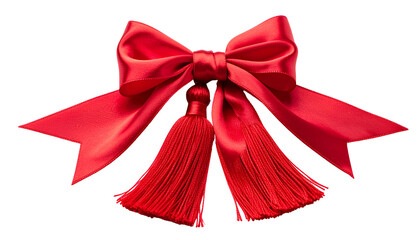 Vivid red satin bow with long streamers and two fringed tassels, black background