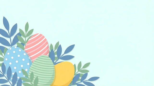 Colorful decorated easter eggs nestled among fresh spring foliage create a delightful holiday celebration background graphic for promotion or design.