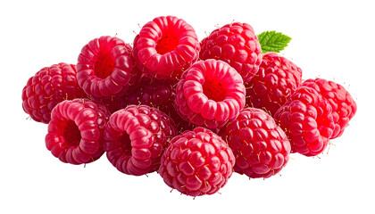 A pile of vibrant red, freshly picked, and juicy raspberries with one green leaf