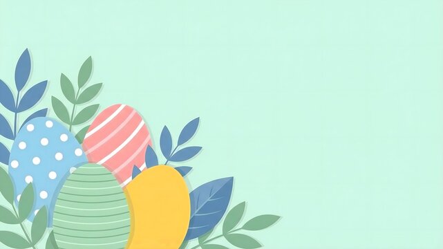 Adorable illustration featuring colorful patterned easter eggs nestled amongst vibrant blue and green foliage against a pale mint green background