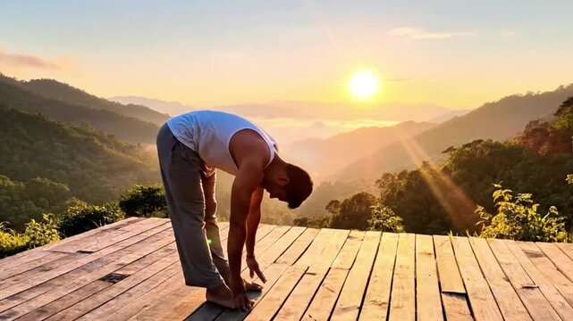 Calm morning yoga session on a mountain deck at sunrise.