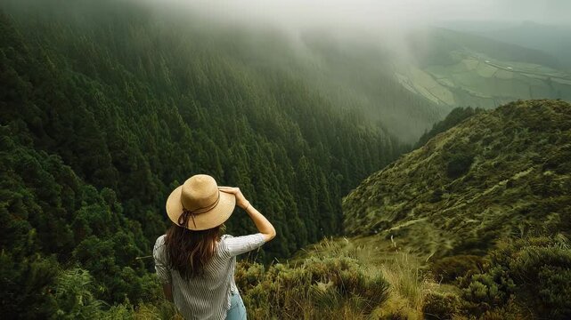 Woman traveler holding hat and looking at mountain and forest landscape, atmospheric azores portugal viewpoint near ponta delgada sao miguel, wanderlust travel concept with copy space