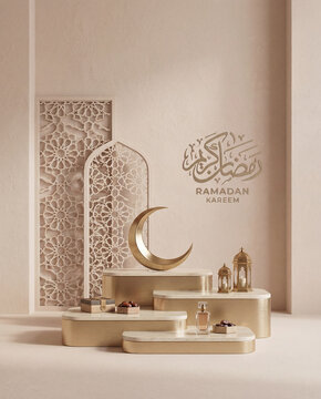 Minimal Luxury Ramadan Greeting Scene with Soft Nude Architectural Wall and Ground, Elegant Podiums and Modern Islamic Design Elements, Calm Serene Background for Premium Branding, Product Presentatio