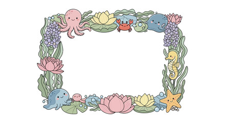 Naklejka premium Cute ocean frame with sea creatures, flowers, and leaves in a whimsical underwater illustration for nursery art and kids