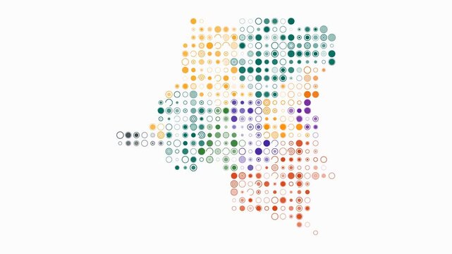 Democratic Republic of the Congo map animation. Shape of the country with pulsating colored dots. Large size circle blocks. Digital style Democratic Republic of the Congo map on white background.