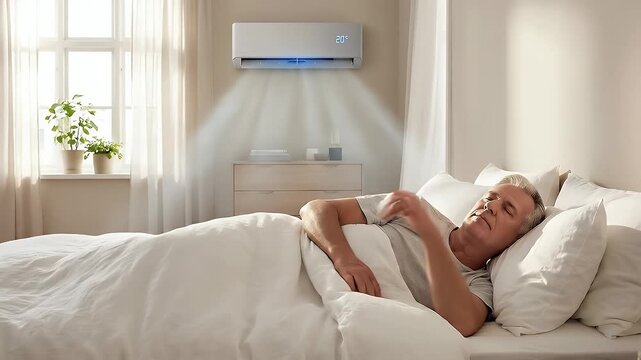 Peaceful Elderly Man Sleeping Comfortably Under White Duvet in a Sunlit Bedroom with Modern Air Conditioner Cooling the Room to 20 Degrees Celsius
