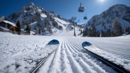 Sunny day at snowy ski resort with chairlift and mountain peak