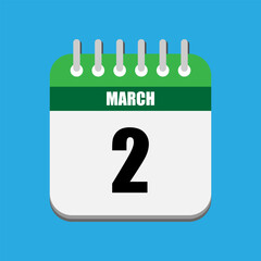 March 2 daily calendar icon illustration in flat design. Desk calendar showing second day of March, isolated on blue and white background.