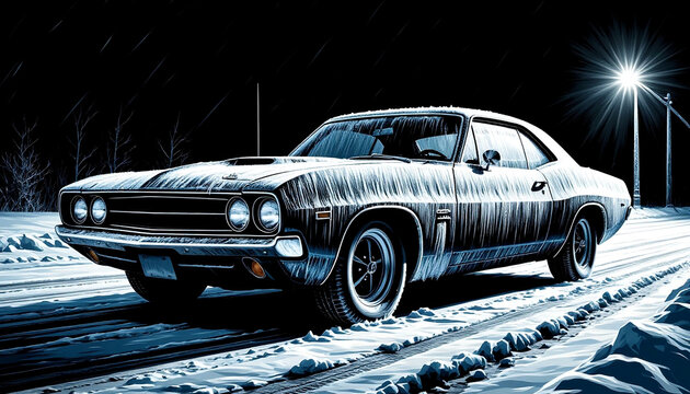 Vintage muscle car driving on snowy rural road at night, cinematic blue-toned illustration. Retro 1970s automotive scene with icy conditions, dramatic streetlight glow, isolated winter landscape. 