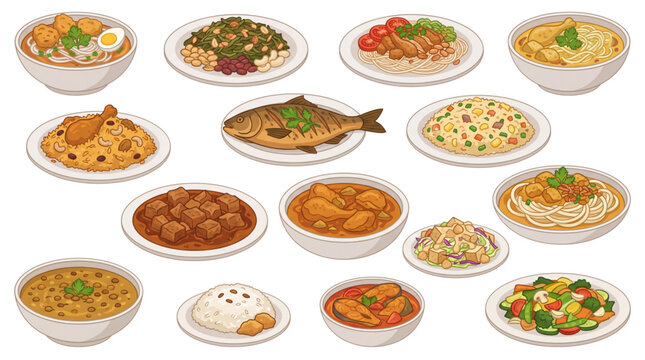 Authentic Myanmar Traditional Food Vector Collection with Transparent Background