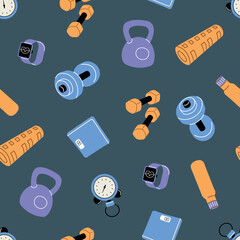 Various Sport equipment. Fitness inventory, gym accessories