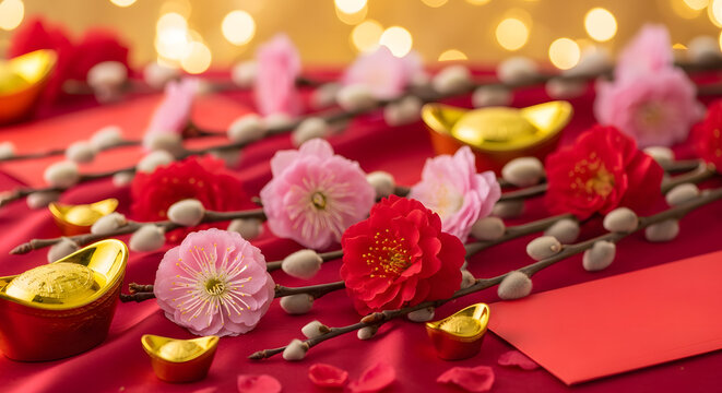 Close-up of pink and red flowers with gold sycee and pussy willo
