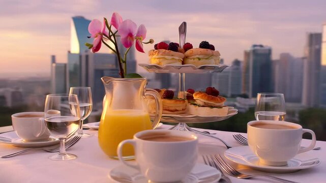 Breakfast table for two on rooftop infinity pool ledge overlooking sparkling modern city skyline at sunrise. Realistic aspirational sophisticated luxury hotel advertising, commercial.