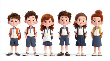 Obraz premium Diverse cartoon children standing in school uniforms and backpacks, ready for education