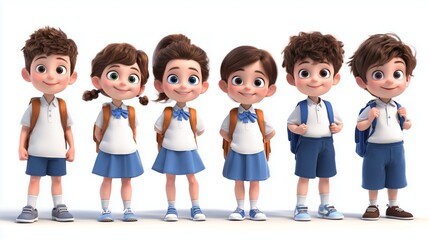Fototapeta premium Cute 3d cartoon young children standing together with backpacks, ready for school