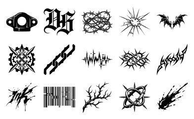 Cyber Y2K Grunge Chrome Gothic Element Asset Sheet for Edgy Streetwear and Graphic Design
