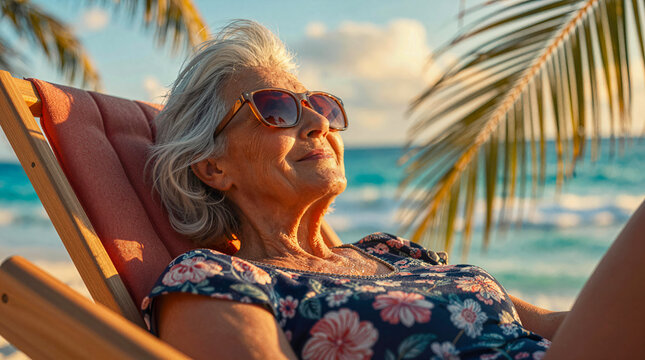 AI-generated image of a Canadian snowbird senior female on a tropical beach