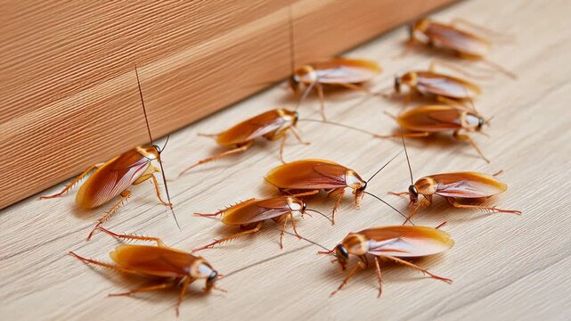 Many brown cockroaches scurry across a spotless floor, creating a striking yet unsettling contrast. Their movements emphasize the cleanliness of the environment around them